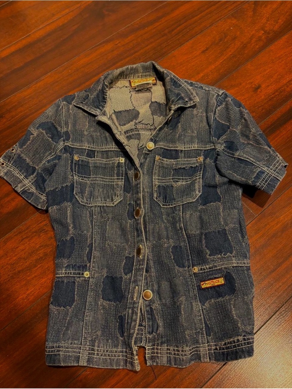 Patchwork Short-Sleeve Denim Button-Down Shirt - Blue
